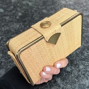 Lin Bren Structured Rattan Double Sided Snap Clutch Bag Mirror Compact and Belt